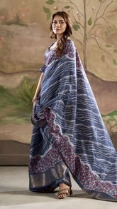 Blue Floral Border Dola Silk Saree